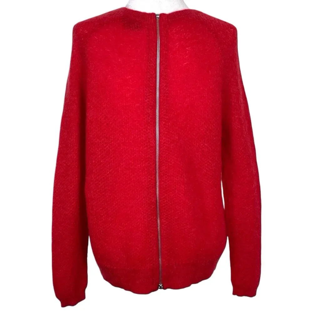 The Kooples Red Mohair Open Knit Back Zip Sweater Size Large Sheer EUC